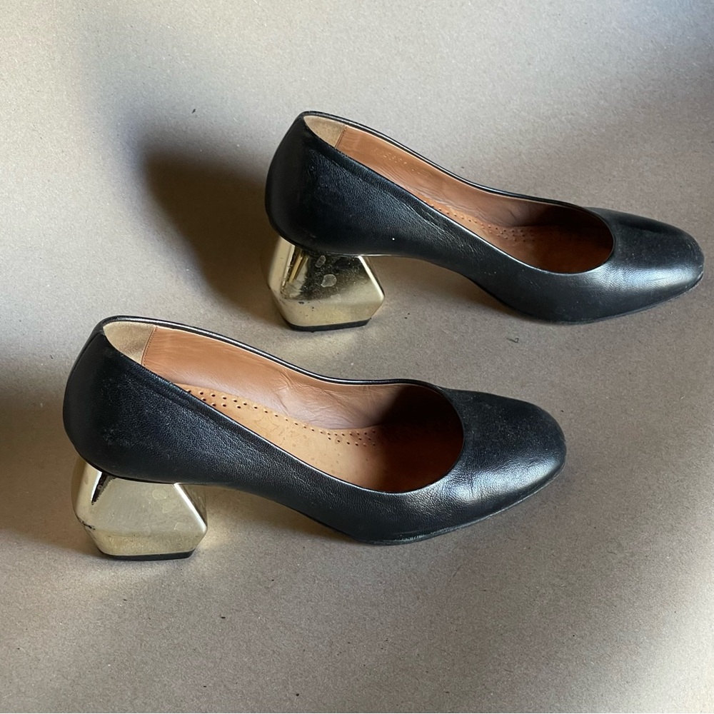 Emporio Armani Black Leather Pumps with Gold Geometric Heel